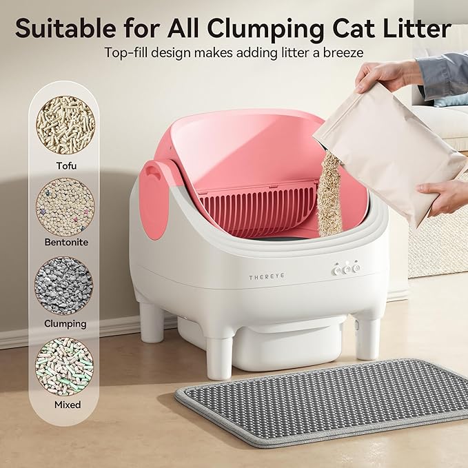 Thereye Self Cleaning Litter Box, Open-Top Automatic Litter Box with Smart App and Safety Sensors, Large Auto Litter Box for Multiple Cats, 10L Waste Bin with Odor Control, Includes Trash Bag, Pink