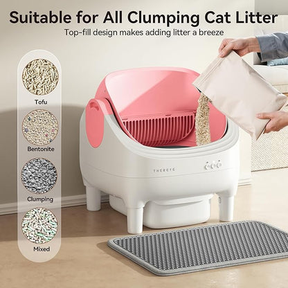 Thereye Self Cleaning Litter Box, Open-Top Automatic Litter Box with Smart App and Safety Sensors, Large Auto Litter Box for Multiple Cats, 10L Waste Bin with Odor Control, Includes Trash Bag, Pink