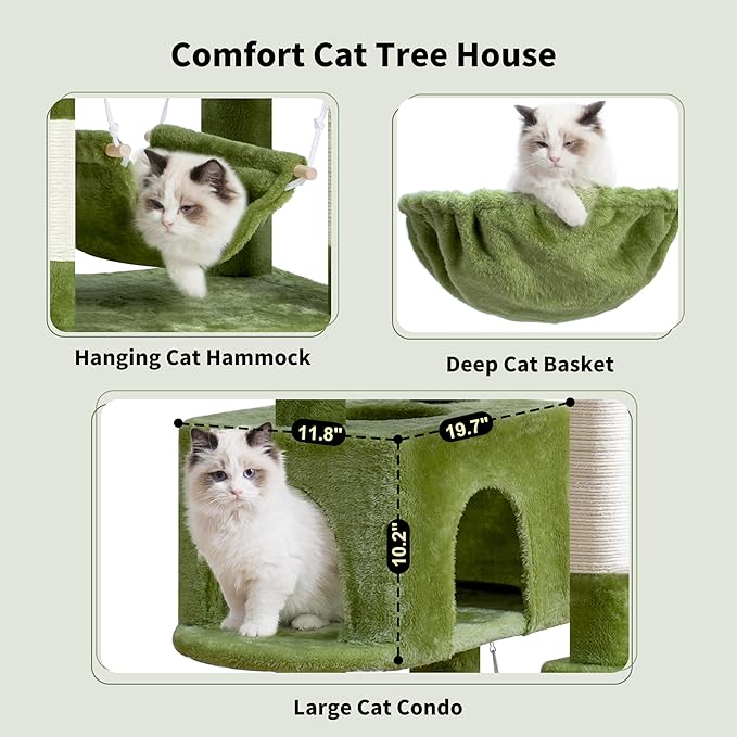 Cat Tree, Cat Tower for Large Cats with 2 Big Platforms, 2 Baskets, condo and Toys, 63" Cat Scratching Posts for Indoor Cats, Green GCT020GR
