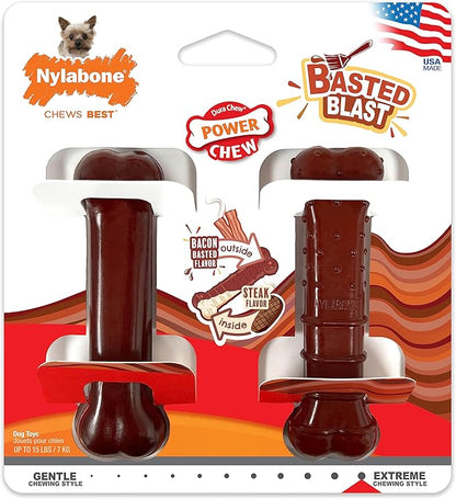 Nylabone Original & Textured Bone Power Chew Toy for Dogs, Durable & Tough Dog Toys for Aggressive Chewers, Basted Blast Bacon and Steak Flavor, X-Small Dogs - Up to 15 lbs, 2 Pack