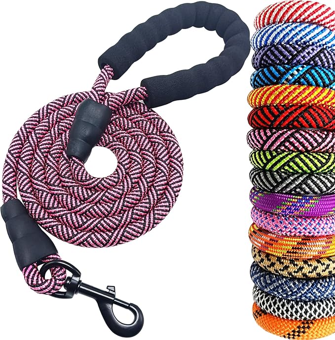 MayPaw Heavy Duty Rope Dog Leash, 6/8/10FT Nylon Pet Leash, Soft Padded Handle Thick Lead Leashes for Large Medium Dogs Walking Jogging (1/2" * 6', Pink Black)