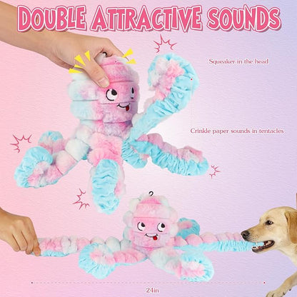 Tough Octopus Dog Toy, Interactive Squeaky & Crinkle Tug of War Toy for Aggressive Chewers, Large Durable Plush Chew Toys to Keep Dogs Busy- Crinkle Octopus, Large (Pink)