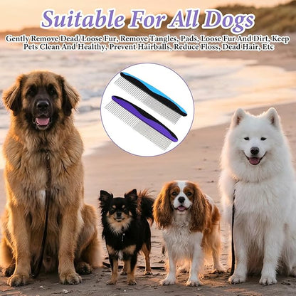 2pcs Dog Comb & Cat Comb for Grooming, Stainless Steel Teeth and Rubber Non-Slip Handle for Removes Loose Undercoat,Knots,Mats,Tangled Hair for Large, Medium, Small Dogs and Cats Purple+Blue