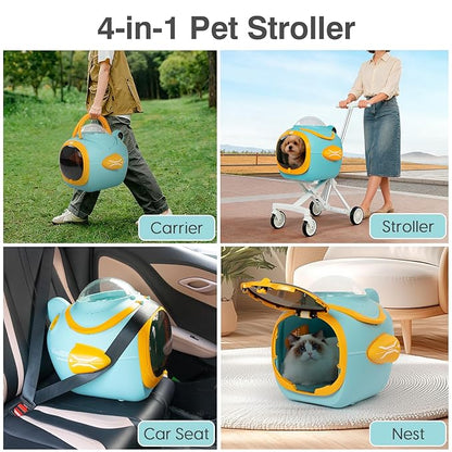 4 in 1 Foldable Pet Stroller with Detachable Carrier for Small Dogs & Cats, Space Capsule Travel Stroller with Inbuilt Fan,Temperature Display & Night Light,Puppy Kitty Doggie Bunny Stroller(Blue)