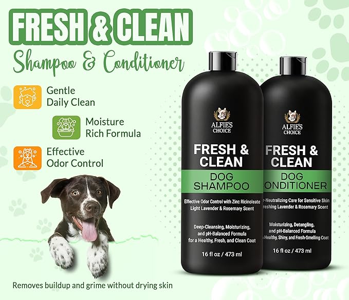 ALFIE'S CHOICE Dog Shampoo for Smelly Dogs | Fresh & Clean Shampoo and Conditioner Set | 16 fl oz Each | Lavender & Rosemary Deodorizing Wash | Odor Control for All Breeds | Made in USA