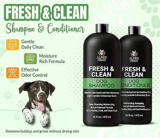 ALFIE'S CHOICE Dog Shampoo for Smelly Dogs | Fresh & Clean Shampoo and Conditioner Set | 16 fl oz Each | Lavender & Rosemary Deodorizing Wash | Odor Control for All Breeds | Made in USA
