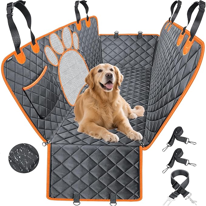 Dog Car Back Seat Cover with Mesh Window 100% Waterproof Nonslip Pet Seat Cover 600D Heavy Duty Scratch Durable Soft Hammock with Side Cover for Car SUV Black&Orange