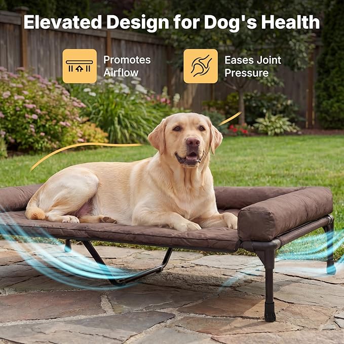 Veehoo Cooling Elevated Dog Bed Add Removable Waterproof Bolster Cushion Mat, Raised Pet Cot with Breathable Teslin Mesh, No-Slip Feet, Dog Couch Bed for Indoor Outdoor, 53 inches, Brown