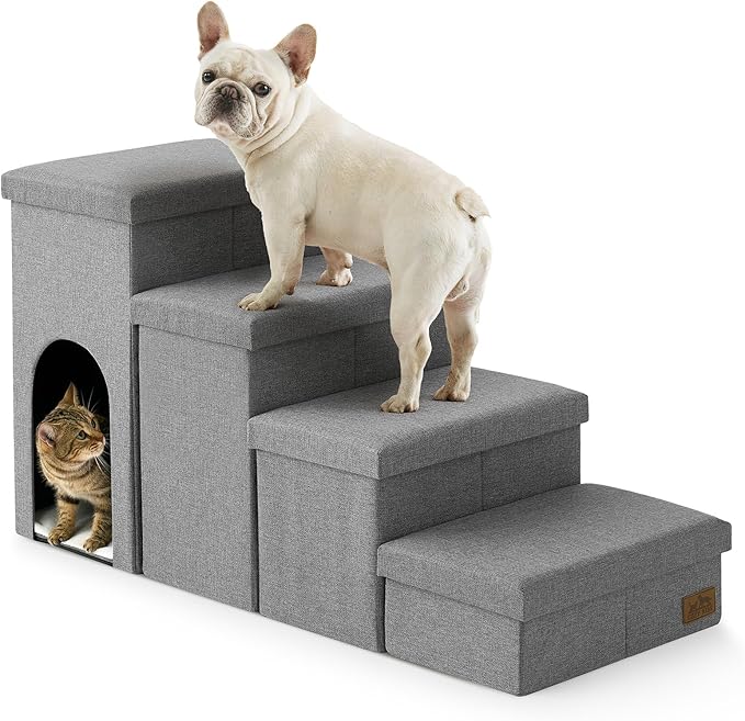 Dog Stairs with Storage, 4-Step Wider Sturdy Dog Steps for Small/Medium/Large Dogs and Older Cats, Doggie Ramp with Condo for Bed/Couch/Car Hold Up to 180 lbs (22.6" H, Grey)