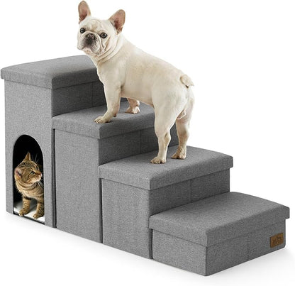 Dog Stairs with Storage, 4-Step Wider Sturdy Dog Steps for Small/Medium/Large Dogs and Older Cats, Doggie Ramp with Condo for Bed/Couch/Car Hold Up to 180 lbs (22.6" H, Grey)