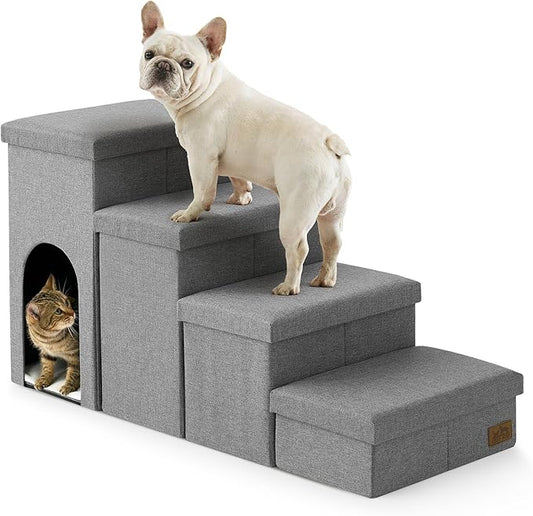 Dog Stairs with Storage, 4-Step Wider Sturdy Dog Steps for Small/Medium/Large Dogs and Older Cats, Doggie Ramp with Condo for Bed/Couch/Car Hold Up to 180 lbs (22.6" H, Grey)
