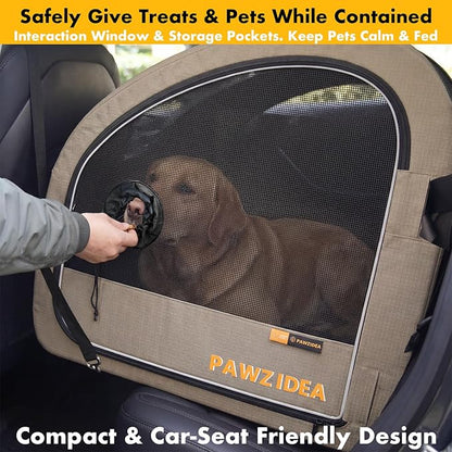 PAWZIDEA Portable Dog Crate for Car, 45% Extra Tall Travel Kennel for Medium & Large Dogs up to 80lbs Sit Upright, Enclosed Soft-Sided Backseat Carrier Collapsible, Secure w/Seatbelt & Headrest Strap