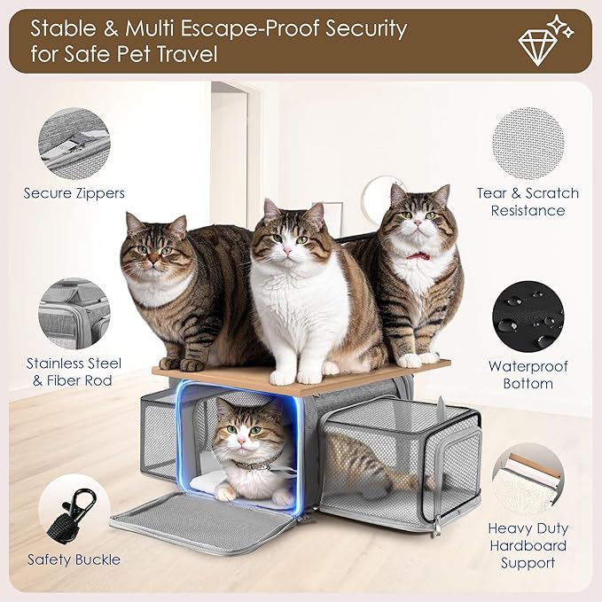 Top and 2 Sides Expandable Cat Carrier 18x13.5x9.5, TSA Airline Approved Dog Carriers for Small Dogs, Soft-Sided Pet Carrier with Self-Locking Zippers for Kitten,Rabbit, Puppy, Guinea Pig Grey
