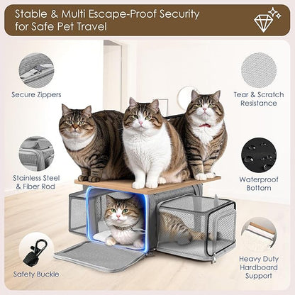 Top and 2 Sides Expandable Cat Carrier 18x13.5x9.5, TSA Airline Approved Dog Carriers for Small Dogs, Soft-Sided Pet Carrier with Self-Locking Zippers for Kitten,Rabbit, Puppy, Guinea Pig Grey
