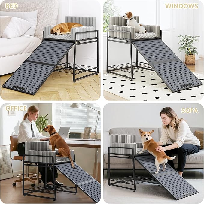 Pet Stairs Ramp with Seat,Dog Window Perch with Stairs and Storage,Dog Seat with Ramp Steps,Folding Pet Ramp for Dogs Cats,Bunk Bed Chair with Sofa Cushion for Bed Couch Office,Hold Up to 110 lbs