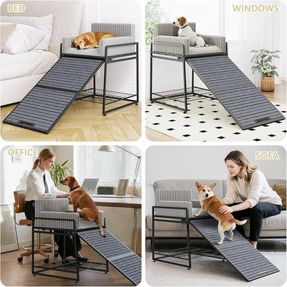 Pet Stairs Ramp with Seat,Dog Window Perch with Stairs and Storage,Dog Seat with Ramp Steps,Folding Pet Ramp for Dogs Cats,Bunk Bed Chair with Sofa Cushion for Bed Couch Office,Hold Up to 110 lbs