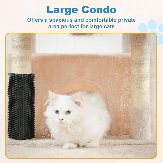 Hey-brother Cat Tree Tower with Extra Large Platform, Spacious Condo, 2 Cozy Hammocks, Self-Grooming Brush, Sisal Scratching Posts for Big Indoor Adult, Maine Coon, 35.4 Inches, Beige MPJ060M