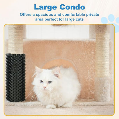 Hey-brother Cat Tree Tower with Extra Large Platform, Spacious Condo, 2 Cozy Hammocks, Self-Grooming Brush, Sisal Scratching Posts for Big Indoor Adult, Maine Coon, 35.4 Inches, Beige MPJ060M