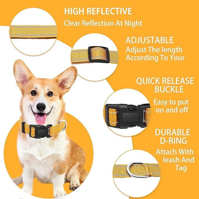Reflective Dog Collar with Safety Locking Buckle, Adjustable Soft Breathable Nylon Collars for Small, Medium and Large Dogs(Collar+Leash XS Width 5/8" Yellow)