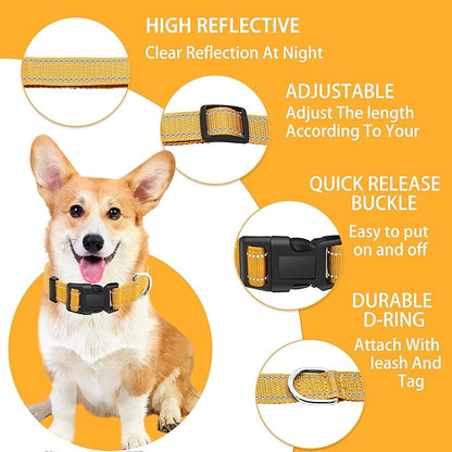 Reflective Dog Collar with Safety Locking Buckle, Adjustable Soft Breathable Nylon Collars for Small, Medium and Large Dogs(Collar+Leash M Yellow)