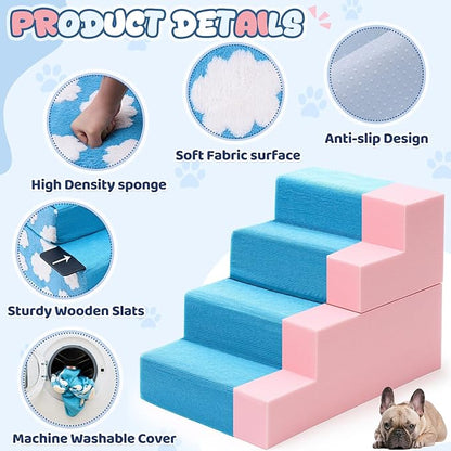 Jetec Dog Stairs for Bed 18" H 4-Step Bottom Foldable Non Slip Foam Dog Pet Stairs 2 in 1 Jacquard Shaggy Plush for High Bed Couch and Sofa Chairs Small Medium Dogs Cats
