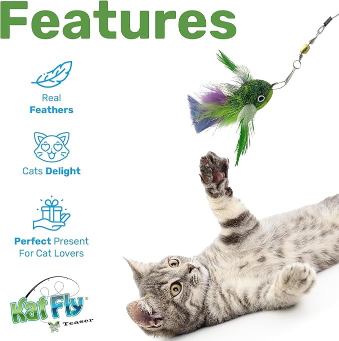 Cat Wand Refill Teaser Toy - Interactive Cat Wand Toy Attachment with Real Feathers - Fish (Green)