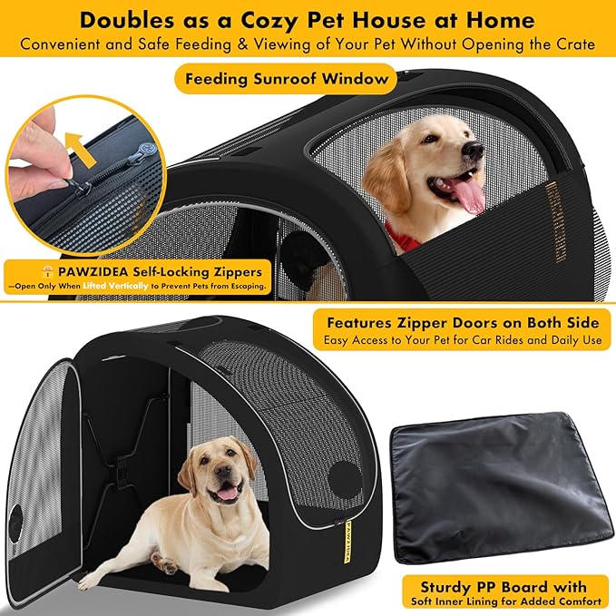 PAWZIDEA Portable Dog Crate for Car Travel, Collapsible Pet Travel Crates for Medium & Large Dogs, Enclosed Soft-Sided Car Kennel Carrier for Backseat, Secures w/Seatbelt & Headrest Strap, Chew-Proof