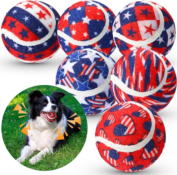 6 Pcs Patriotic Dog Squeaky Tennis Balls 2.5 Inch Interactive Pet Toys Ball 4th of July Independence Veterans Day for Small Medium Large Dog Plush Chew Toys Teeth Cleaning for Cat Training