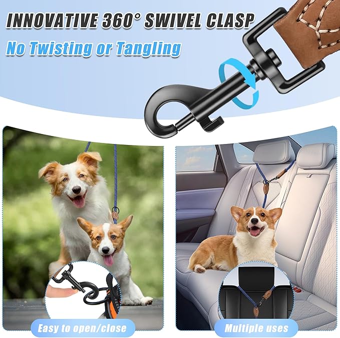 Mile High Life Dual Dog Leash, Double Dog Leash, 360 Swivel No Tangle Walking Leash, Hands Free Leash w Leather Tailored Connection, Double Rope Leash for Two Dogs (Blue, 8FT)