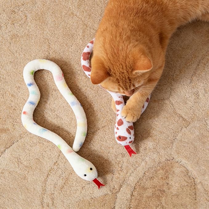 Andiker 2PCS Snake Cat Toys, 23.6 Inches Long Realistic Snake Shape Cat Plush Toys with Bite-Resistant Fabric Interactive Cats Toy for Indoor Cats to Bite Chew Keep Teeth Clean (Colourful & Brown)