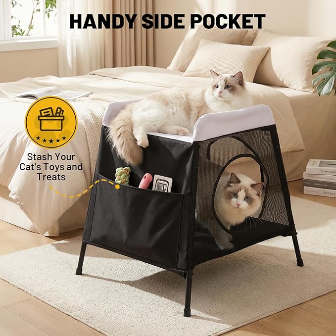 Elevated Cat Bed with Cat Hammock, 2-Story Indoor Cat House with Cave & Washable Cover, Multi-Cat Furniture