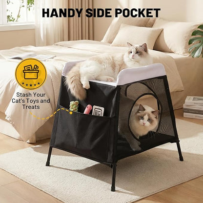 Elevated Cat Bed with Cat Hammock, 2-Story Indoor Cat House with Cave & Washable Cover, Multi-Cat Furniture