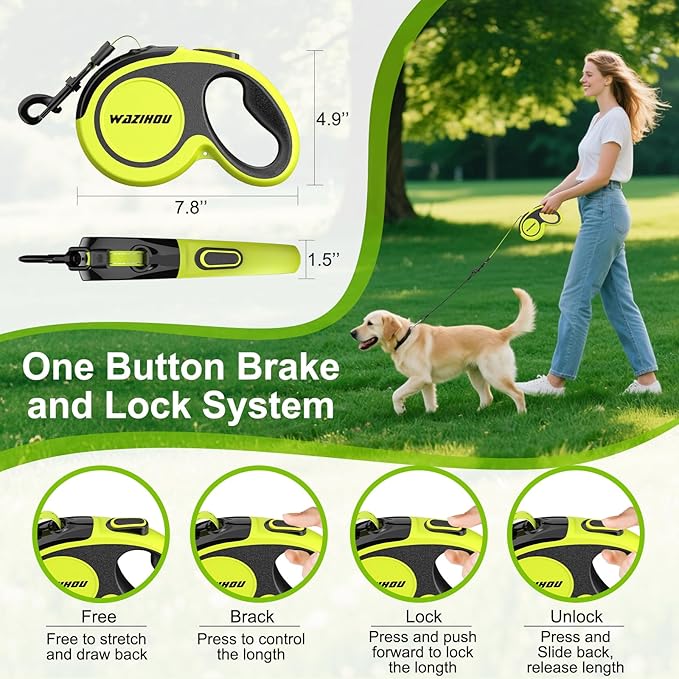 Upgraded Retractable Dog Leash 16.4ft' - Heavy Duty Reflective Retractable Leash with Anti-Slip Soft Grip - Detachable Poop Bag and Chew Proof Cable Included Small Medium Large Dogs up to 110 lbs