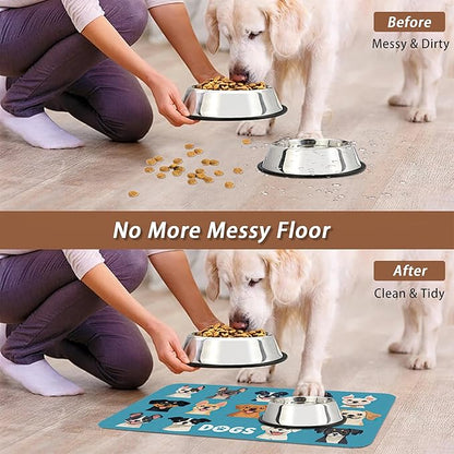 Cute Dog Cat Food Mat,Absorbent Pet Feeding Mat with Rubber Backing,Non-Slip Water Bowl Placemat,Indoor Pet Accessories Supplies 12"x20"