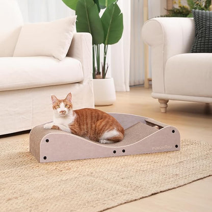 FUKUMARU Cardboard Cat Scratcher Bed, Extra Long 29.1 Inch Cat Scratch Bed Couch Indoor, Natural Felt Multifunctional Cats Scratching Lounger, Horizontal Kitten Cats Scratch Pad with Ball Toy, Camel