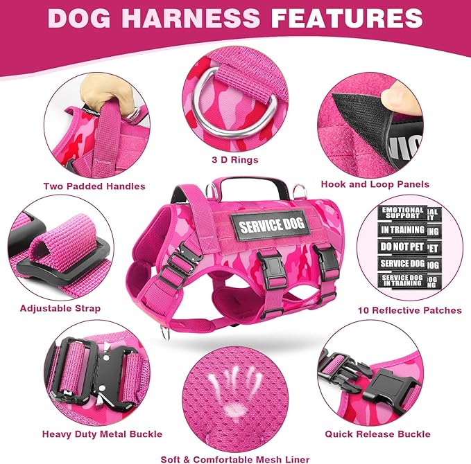 WINSEE Service Dog Vest Harness for Large Dog, Tactical Working MOLLE Vest with 10 Pet Patches, No Pull Heavy Duty Harness for Training Walking