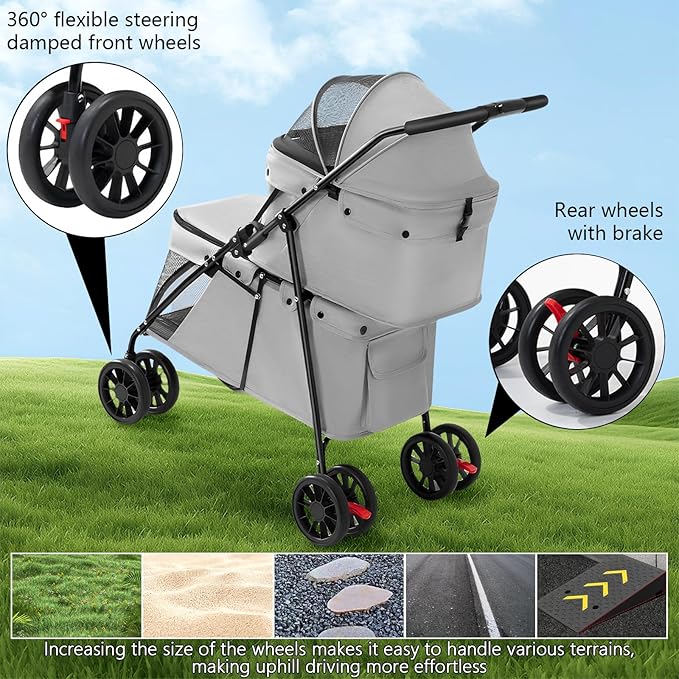 Double Pet Stroller for Medium Small Dogs and Cats with 2 Carriage, Durable Universal Wheels with Brakes Lightweight One Hand Foldale Kittens Puppies Travel Strolling Cart (Gray)