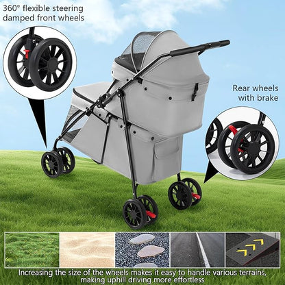 Double Pet Stroller for Medium Small Dogs and Cats with 2 Carriage, Durable Universal Wheels with Brakes Lightweight One Hand Foldale Kittens Puppies Travel Strolling Cart (Gray)