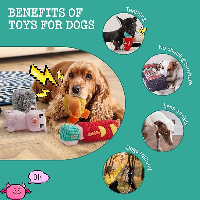 5 PC Pixel Style Dog Toy Plushies, Squeaky Dog Toys Crinkle Plush Stuffed Dog Chew Toy for Small Medium Large Breeds, Christmas Dog Toys Stocking Stuffers