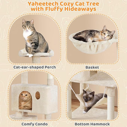 Yaheetech 64.5in Cat Tree Cat Tower Scratching Post, Plush Cover Cat Condo Bed Furniture with Hammock, Platform, Perch for Extra Large Cats as Playing House