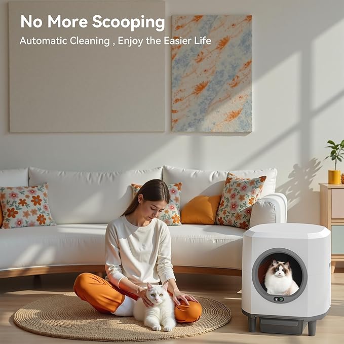 Self Cleaning Litter Box, Automatic Litter Box Self Cleaning 90L App-Controlled,Dual Safety Protection,1 Rolls Garbage Bags,White