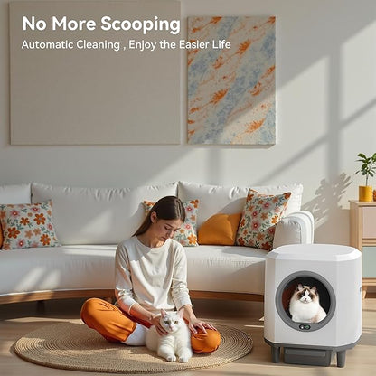 Self Cleaning Litter Box, Automatic Litter Box Self Cleaning 90L App-Controlled,Dual Safety Protection,1 Rolls Garbage Bags,White