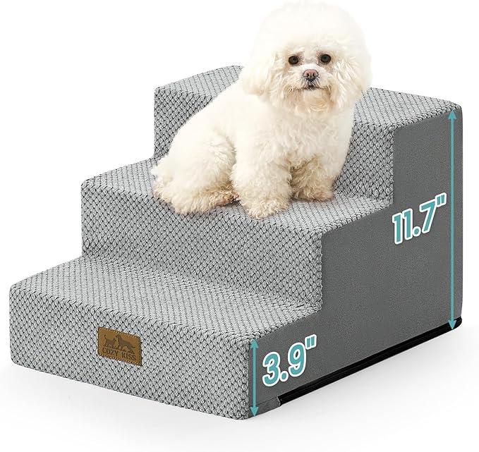 Dog Stairs for Small Dogs 11.7" H, 3-Step Gentle Incline Pet Step for Couch Chiars, Right-Angle Dog Ramp for Puppy Doggie Senior Cats, 15.7x17.7x11.7 Inch, Grey