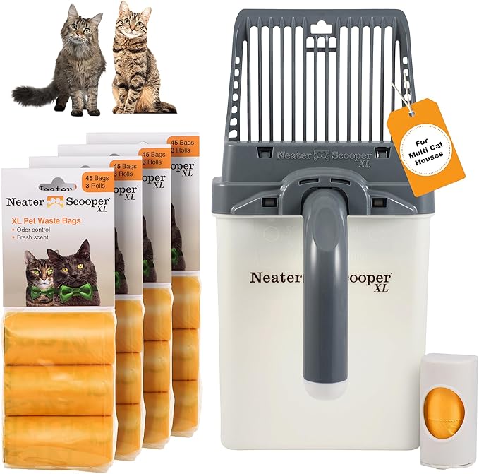 Neater Pet Brands Neater Scooper XL Cat Litter Scoop, 195 Refill Bags – Extra-Large Capacity Mess-Free Cat Litter Scooper with Bag for Large & Multiple Cats, Spill-Proof Litter Box Scooper with Holder