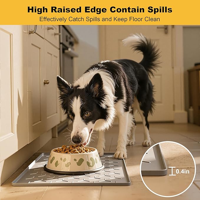 Pieviev 24''x16'' Dog Cat Food Bowl Mat, Silicone Waterproof Food Grade Pet Food Mat for Floor, High Raised Edge to Prevent Spills, Non-Slip & Easy Clean Pet Placemat for Dog & Cat Bowls, Light Gray