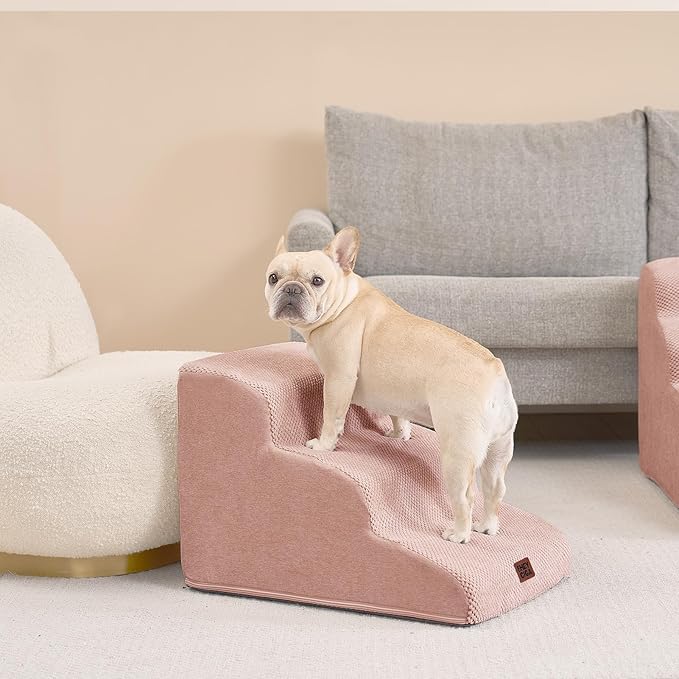 EHEYCIGA Curved Dog Stairs Ramp for Small Dogs 15.7" H, 3-Step Dog Steps for Couch Sofa and Chair, Pet Stairs for Cats, Non-Slip Balanced Pet Steps Indoor, Dusty Pink