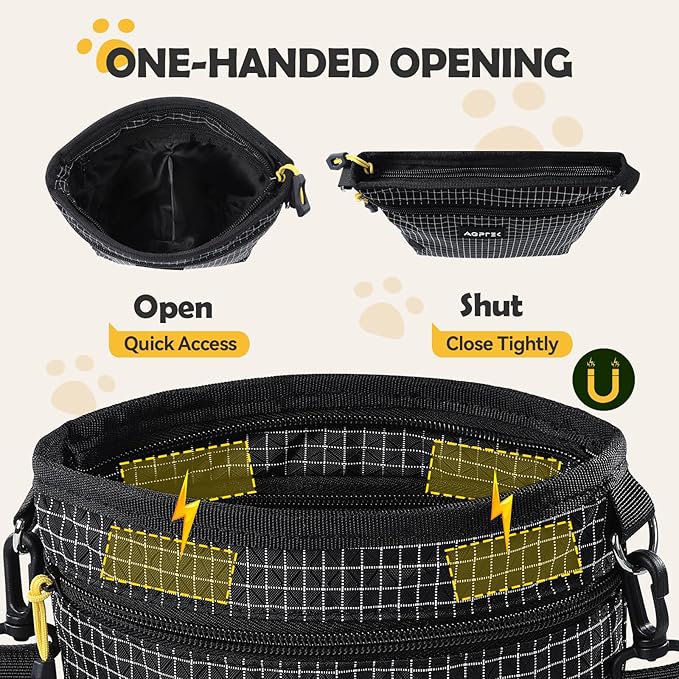 AGPTEK Dog Treat Pouch, Magnetic Dog Walking Pouch with Removable & Split Snack Bag, Water-Resistant Waist Pack with Poop Bag Dispenser & Hands-Free D-Ring for Training, Walking, Hiking, Run, Black