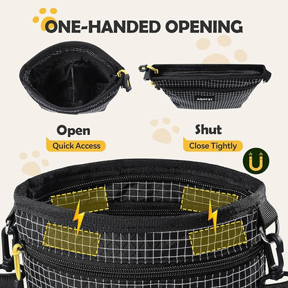 AGPTEK Dog Treat Pouch, Magnetic Dog Walking Pouch with Removable & Split Snack Bag, Water-Resistant Waist Pack with Poop Bag Dispenser & Hands-Free D-Ring for Training, Walking, Hiking, Run, Black