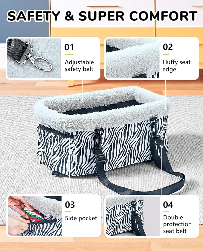 Center Console Dog Car Seat, Puppy Carseat for Small Dogs, Cat Car Seat with Metal Frame and Double Protection Seat Belts, Pet Booster Seat with Washable Cushion and Clip-on Leash Cute Zebra Print