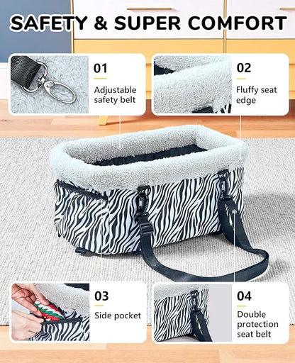 Center Console Dog Car Seat, Puppy Carseat for Small Dogs, Cat Car Seat with Metal Frame and Double Protection Seat Belts, Pet Booster Seat with Washable Cushion and Clip-on Leash Cute Zebra Print